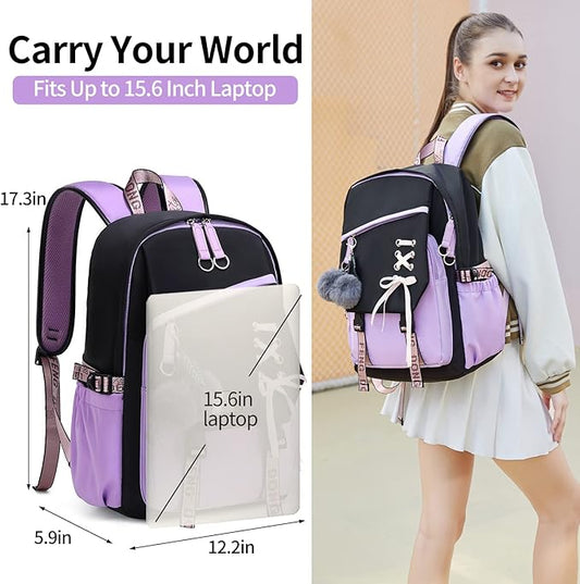 Teenage Girls Bookbag School Backpack Children Casual Daypack Schoolbag for Teens Black Purple