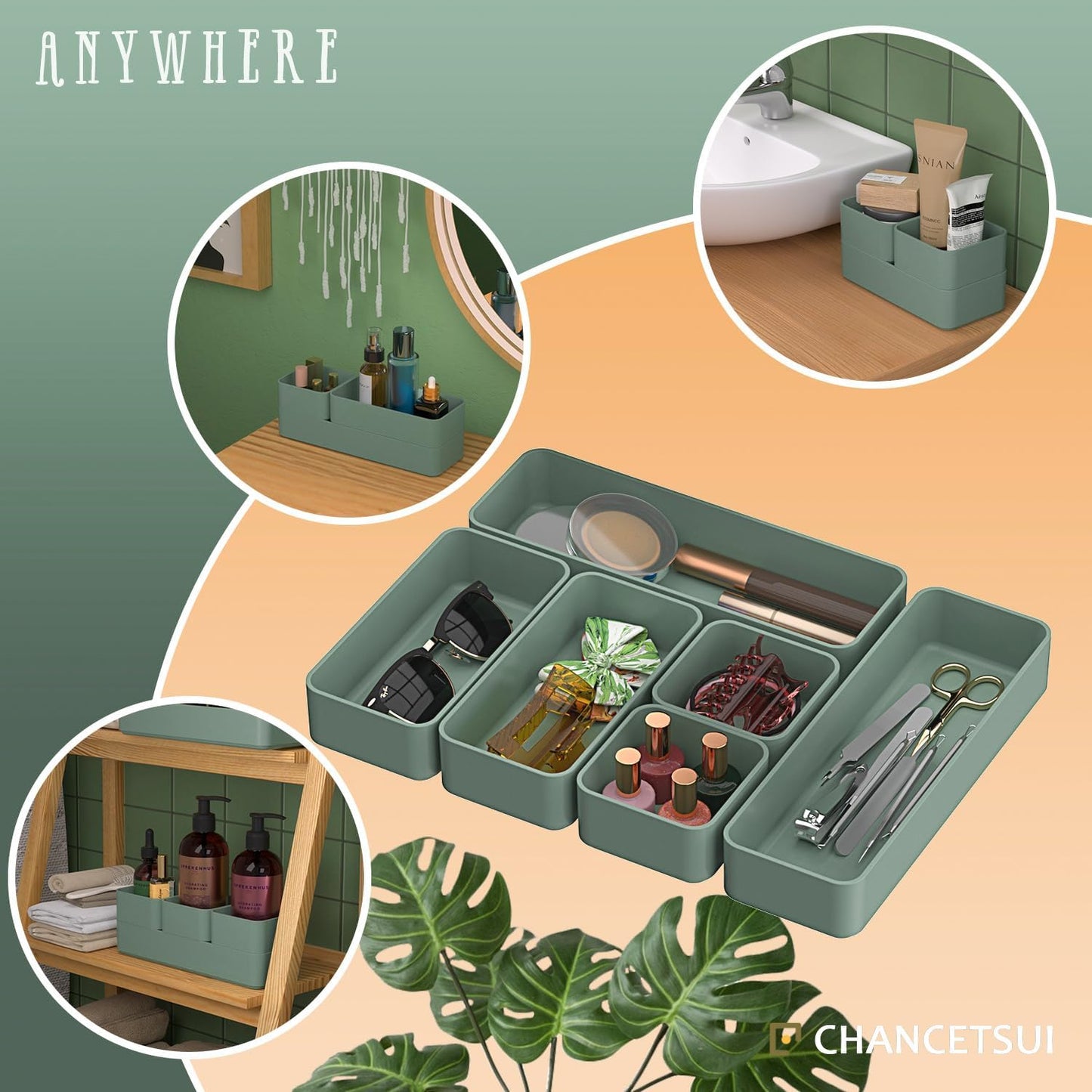 CHANCETSUI 6 PCS Stackable Drawer Organizers Set, Versatile Desk and Vanity Drawer Organizer Trays, Storage Bins for Makeup, Bathroom, Bedroom, Kitchen and Office, Green