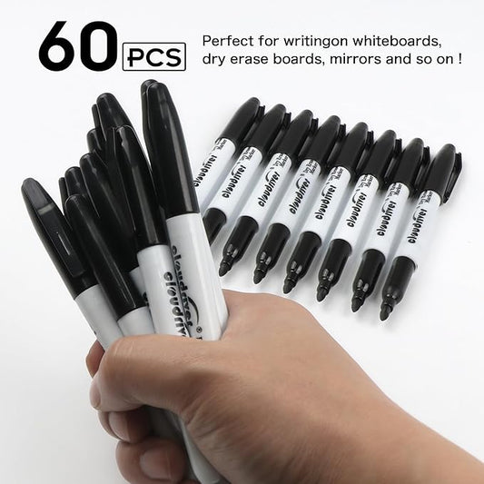 cloudriver Fine Tip Dry Erase Markers Black, 60 Pack Black Whiteboard Markers Bulk, Low-Odor, Ideal For School Office Home Use