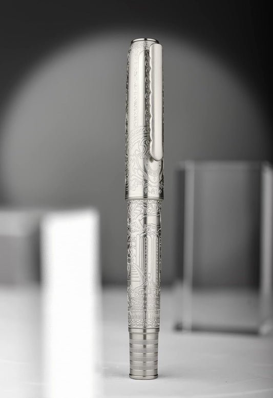 Hongdian 100 Piston Fountain Pen Silver Steel, Iridium Medium Nib Calligraphy Pen, Smooth Writing Pen with Pen Case Set