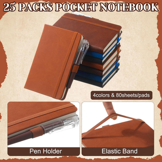 25 Pack Pocket Small Notebook Journals with Pen 5.6'' x 3.7'' Mini Journaling Notepads A6 Ruled Journals Hardcover Lined Notebook Bulk with Pen Holder for Office School Memo(Vintage Colors)