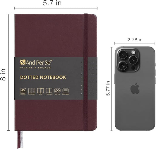 &And Per Se Dotted Journal Notebook, A5 Hardcover Leather Bullet Dotted Journal, 160 Pages 100 gsm Thick Paper,3 Sheets of Stickers Included - 5.7'' x 8''(Dark Red)