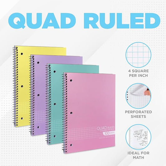 Graph Paper Spiral Notebook - Graph Paper Notebook, Quad Ruled Grid Notebooks, Perforated Pages - 10.5 X 8 Inches - 1 Subject Wirebound Notebook - Assorted Colors - 100 Sheets per Book - (Bulk - 48 Pack)