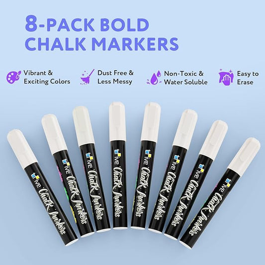 TFIVE White Chalk Markers - Dry & Wet Erase Marker Pens for Chalkboards, Signs, Windows, Blackboard, Glass, Mirrors, Liquid chalkboard markers with Reversible Tip and 24 Labels(8 Pack)