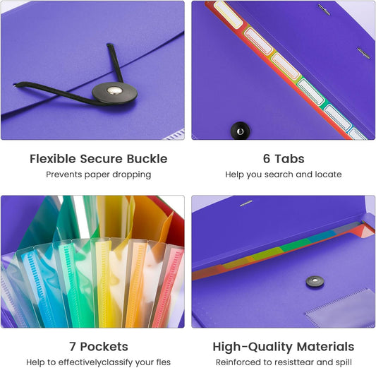 Accordion File Organizer, 7 Pockets Expanding File Folder with Labels, A4/Letter Size Portable Folders for Documents, Paper Organizer for School Office Supplies, Purple Blue