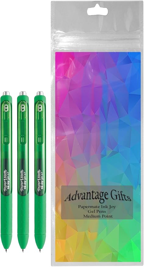 Paper Mate InkJoy Gel Pens, Green Ink, Medium Point (0.7mm), 3 Count, Bundle with Plastic Reusable Pouch