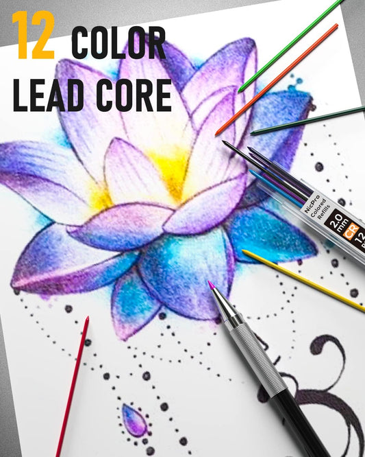 Nicpro Black Art Mechanical Pencil Set in Case, Metal Drafting Pencils 0.3, 0.5, 0.7, 0.9 & 2mm Graphite Holders (2H HB 2B 4B Colored Lead) for Sketching Drawing with 9 Lead Refills, 2 Erasers