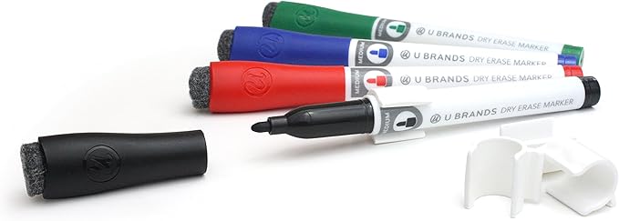 U Brands Fine Tip Dry Erase Markers with Eraser, Whiteboard Markers with Marker Clips, Low Odor, Assorted Colors, Set of 4