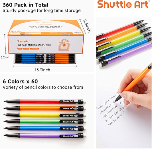 Shuttle Art Mechanical Pencils, 360 Pack Bulk Mechanical Pencils 0.7mm Medium Point, HB #2 Lead Pencils, Assorted Barrels, Office School Supplies