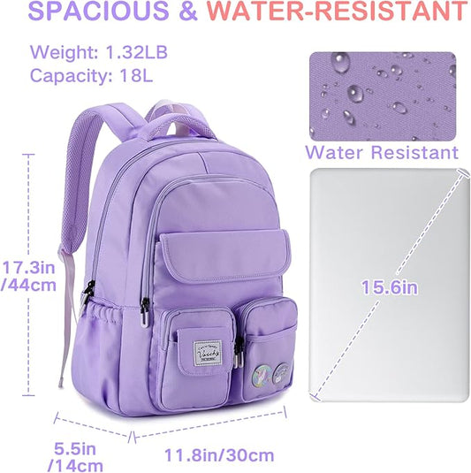 VASCHY Backpack for Girls, Cute School Bag Bookbag for Elementary Middle Schooler Teen Girls/Kids Travel with Clear Pin Pouch Purple