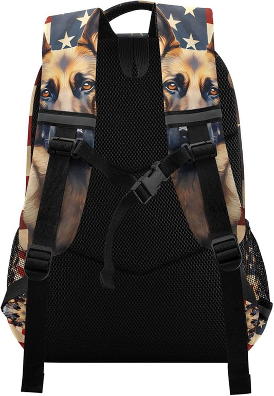 Dog German Shepherd Backpack for Boys Girls American Flag Elementary School Bag Kids Bookbag Travel Rucksack