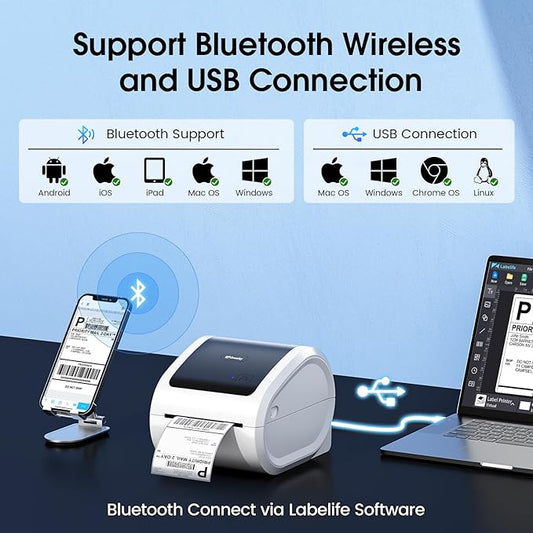 Bluetooth Shipping Label Printer 4x6 - D520BT Bluetooth Thermal Label Printer for Small Business, Shipping Packages, Compatible with USPS, Shopify, Amazon