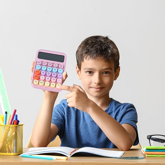 Mechanical Pushbutton Calculator,12 Digit Large LCD Display,Big Buttons Easy to Press,Colorful Candy Calculator,Automatic Sleep,with Battery.for Office,School, Home. (Pink)