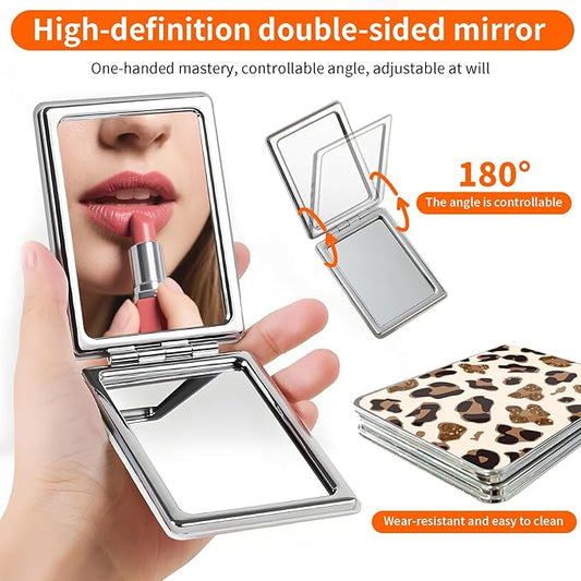 Compact Pocket Mirror, Cute Travel Mini Mirror with Magnification, Foldable Double-Sided Portable Cosmetic Mirror for Men, Women White Brown Leopard
