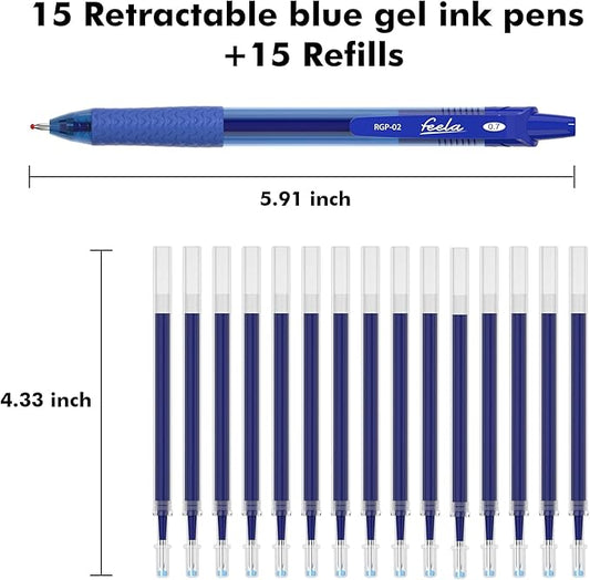 feela 30 Pack Retractable Blue Ink Gel Pens Set Medium Point 15 Piece Fine Point Gel Pen with 15 Refills for Smooth Writing