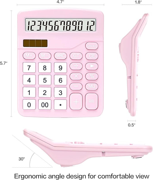 Calculator, Deli Standard Function Desktop Calculators with 12 Digit Large LCD Display and Sensitive Button, Solar Battery Dual Power Office Calculator, Pink