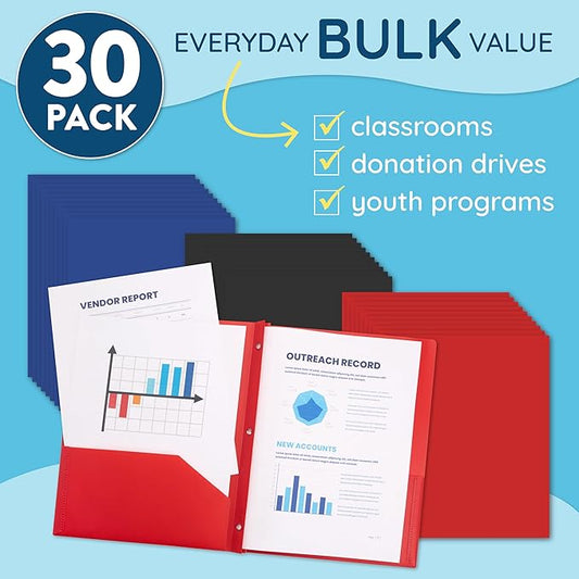 Blue Summit Supplies 30 Pack Plastic Two Pocket Plastic Folders with Prongs Bulk, Assorted Dark Color Poly Folders with Pockets and Prongs Bulk, Blue, Red, and Black, 3 Prong, Letter Size