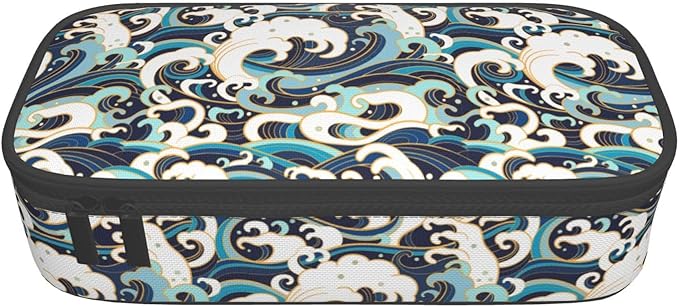 Japanese Ocean Waves Large Pencil Case With Zipper Compartments Stationery Pencil Bag For Kids Teens Students School Supplies