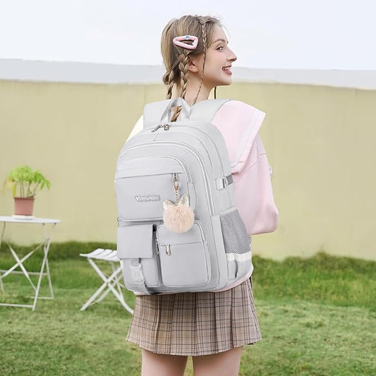 3PCS School Backpack For Student Women College Middle High Teen Girls Bookbag Waterproof Laptop Bag Grey