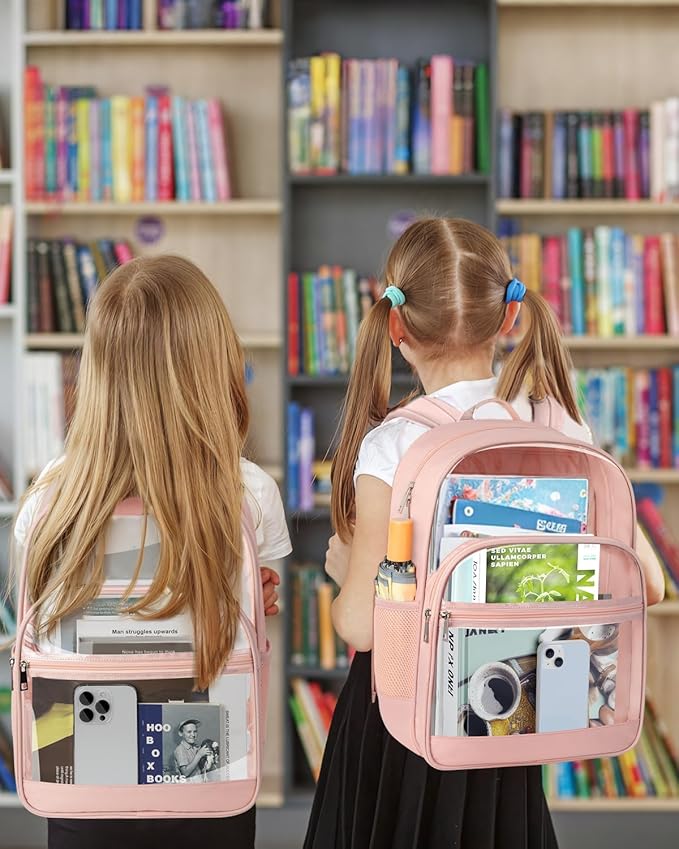 Clear Backpack, Heavy Duty Transparent Bookbag for School, Fabric & PVC Transparent Backpack with Reinforced Strap for Women Men, Capacity Clear Bag for College, Travel, Security, Pink