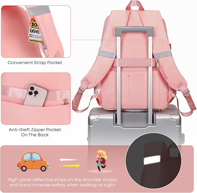 3PCS School Backpack For Student Women College Middle High Teen Girls Bookbag Waterproof Laptop Bag Pink