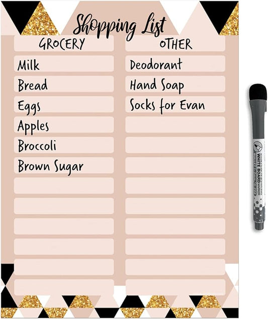 Dry Erase Shopping List Vinyl Sticker Decal Whiteboard by Glassboard Studio | Removable & Reusable | Magnetic Fine-Tip Marker Included (9 x 12 inches, Rose & Gold)