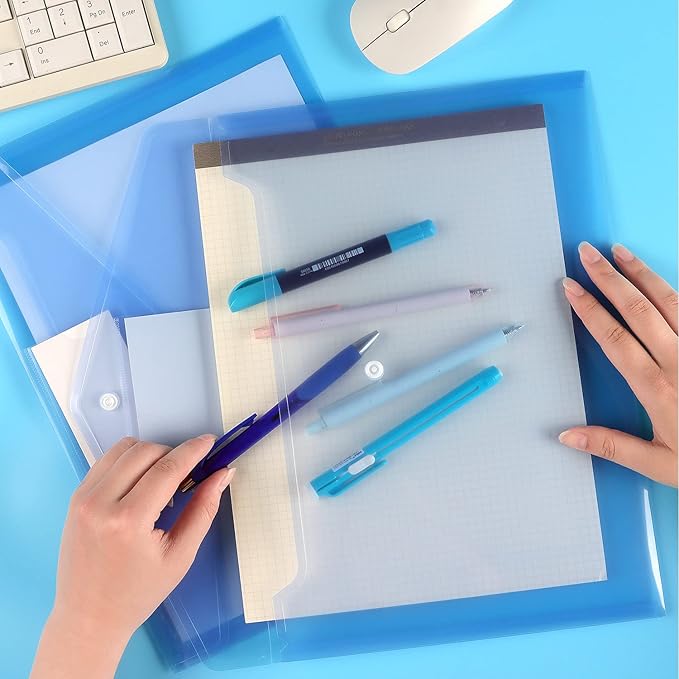 6 Pack Clear Document Folders Plastic Envelopes Poly Envelopes File Envelopes with Label Pocket and Snap Button for Home Work Office Organization, Letter Size/A4 Size (Blue)