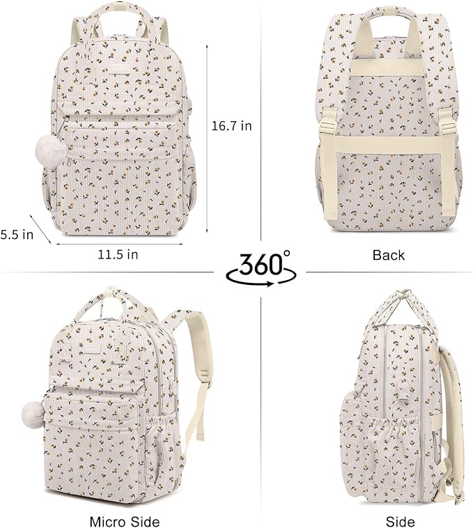 School Backpack for Girls Laptop Bookbag: Casual Corduroy Women Backpacks with USB Charging Port TSA Friendly Travel Back Pack with Anti-Theft Pockets Cute College Daypack for Teen Students Flowers