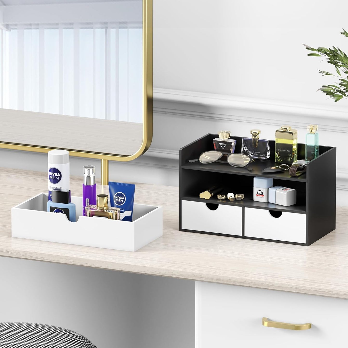 Wisuce Desk Organizer with Drawers - Bamboo Desktop Organizer Storage | Black-White Wood Desk Makeup Dresser Top Organizer for Cosmetics No Assembly Required