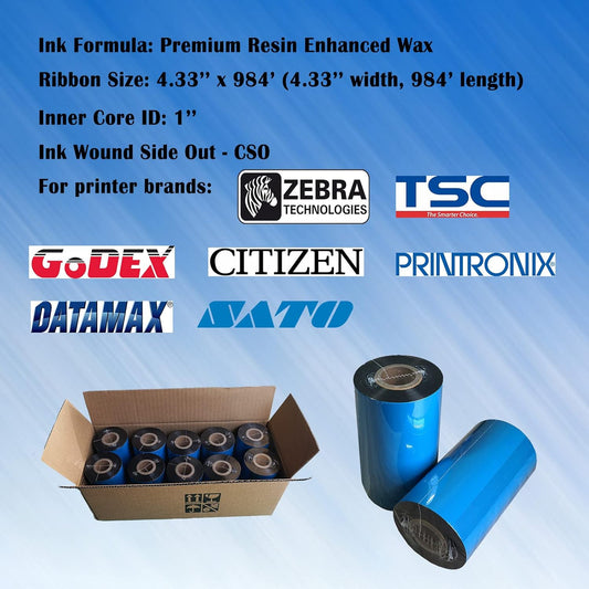(10 Rolls) 4.33'' x 984' Premium Resin Enhanced Wax Ribbon, 110mm x 300m Black Thermal Transfer Ribbon, Barcode Thermal Label Printer Ribbon, CSO-Ink Outside, 1'' Core for Zebra, TSC, GoDex, Citizen