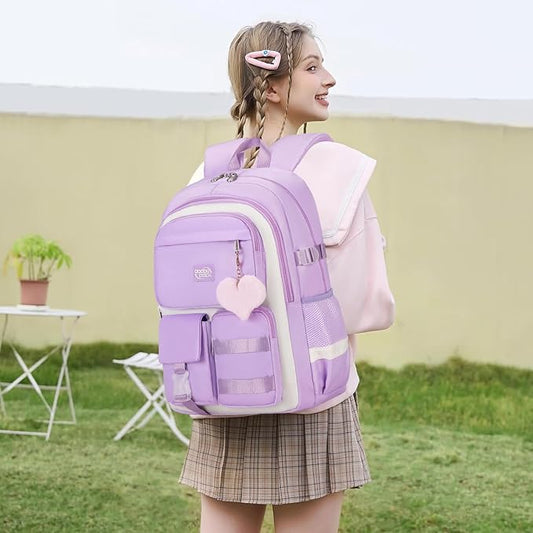 3PCS Girls Backpack For College Middle High School Student Teens Women Bookbag Waterproof Laptop Bag Purple Beige