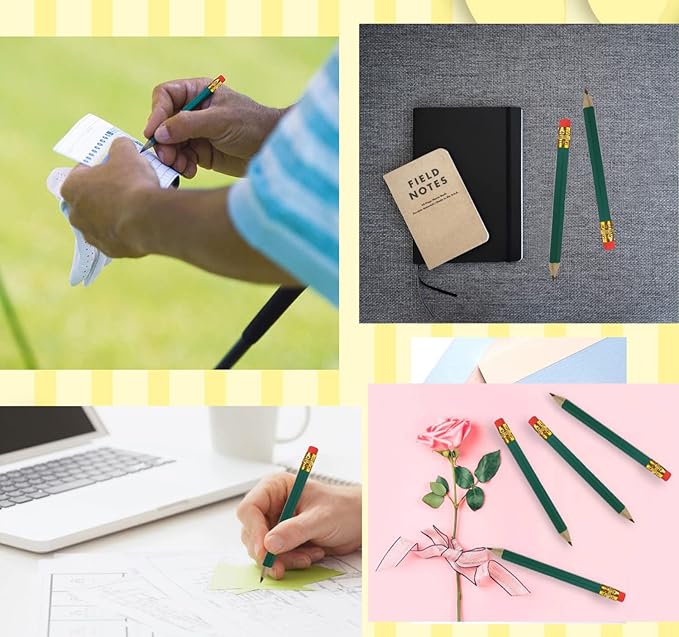 Adhere 50pcs Golf Pencils with Eraser Hexagon Wooden half Pencils Graphite 2B for Golf Event Scoring, Classroom, Wedding, Pew, Pocket | Free Pencil Sharpener (Green・Hexagon・50pcs)