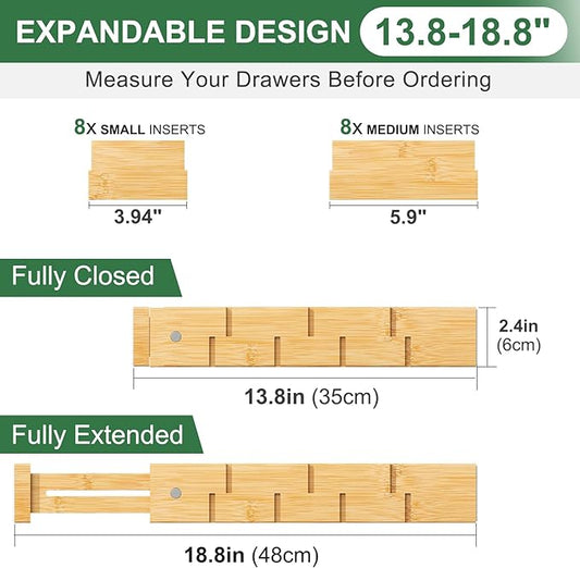 Kitchen Drawer Dividers - Adjustable Drawer Organizer for Clothes, Kitchen, Closet & Office - 8 Pack with Inserts, 13.8-18.8 Inches, Non-Slip Silicone Ends