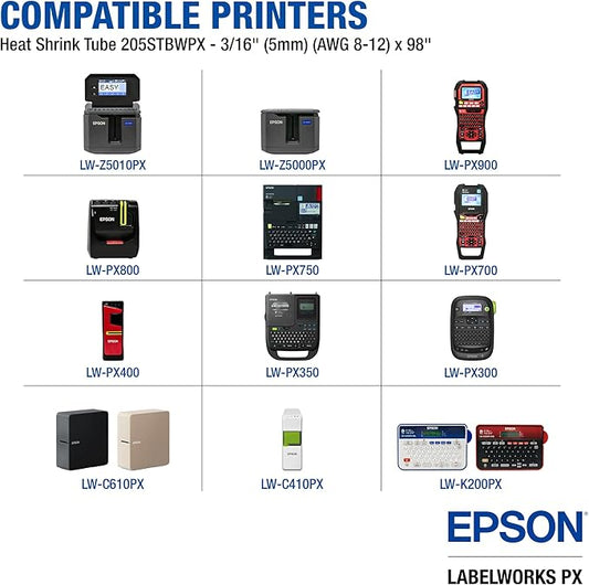 Epson LABELWORKS 205STBWPX Genuine Tape Cartridge - Black on White Shrink Tube Industrial Label Maker Tape - AWG 8-12, 3/16" (5MM) Wide, 8 ft (96")