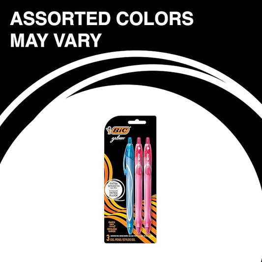 BIC Gelocity Quick Dry Assorted Colors Gel Pens, Medium Point (0.7mm), 3-Count Pack, Retractable Gel Pens With Comfortable Full Grip
