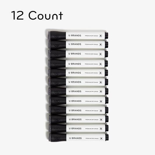 U Brands Fine Tip Dry Erase Markers with Eraser, Whiteboard Markers with Chisel tip, Low Odor, Black, Set of 12
