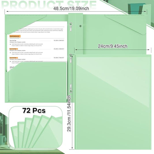 Henoyso 72 Pcs Plastic Folder with Clear Front Pocket and 3 Prong Plastic Folders with Card Slot Pocket Folders with Prongs for School Office (Light Green)