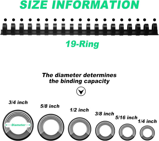 Yunsailing 150 Pack Plastic Binding Combs Plastic Binder Comb Ring 19 Ring Binding Spines Letter Size Spiral coils for Notebook Calendar(1/4 5/16 3/8 1/2 5/8 3/4 in,Black)