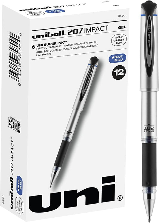 Uni-Ball Uniball Signo 207 Impact Gel Pen, 16 Blue Pens, 1.0mm Bold Point, Auto-Retractable Tip, Smooth Grip, Water-Resistant Ink