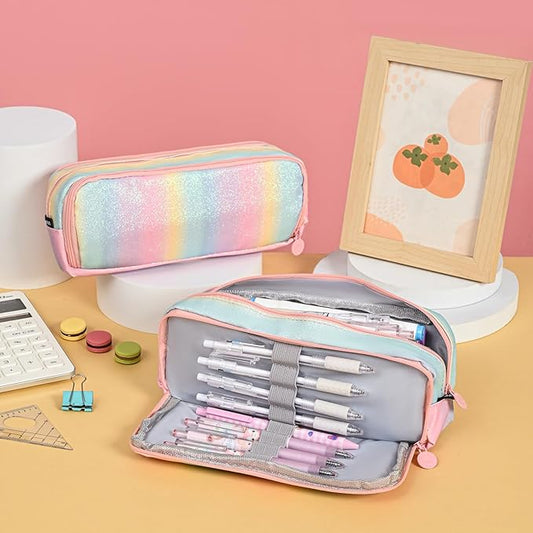 Glitter Rainbow Pencil Case for Girls, Large Capacity Pencil Pouch Pen Bag Organizer with 3 Compartments for Kids Student School Office Supplies, Cute Pencil Holder Pen Box Stationary Bag