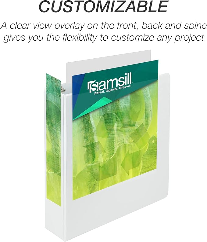 Samsill Earth’s Choice Biobased Durable 3 Ring View Binder, 2 Inch Round Ring, Up to 25% Plant Based Plastic, USDA Certified Biobased, Eco-Friendly, Customizable Cover, White, 4 Pack