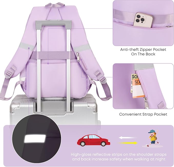 3PCS Backpack For School Women College Middle High Teen Girls Student Bookbag Waterproof Laptop Bag Plaid Purple