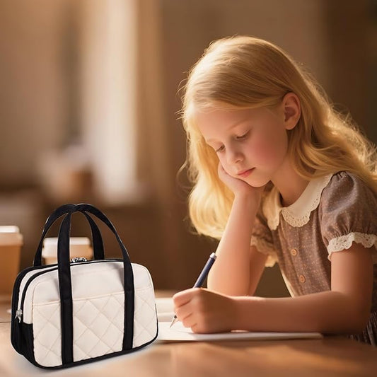 2 Compartment Pencil Case For Girls,Zipper Pencil Bag With Handle, Large Capacity quilting Pencil Pouch Organizer Aesthetic, Womens Soft Pencil Box Marker Pouch For Middle School Office College