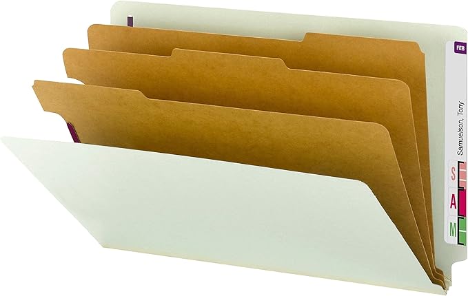 Smead 100% Recycled End Tab Pressboard Classification File Folder with SafeSHIELD Fasteners, 3 Dividers, 3" Expansion, Legal Size, Gray/Green, 10 per Box (29820)
