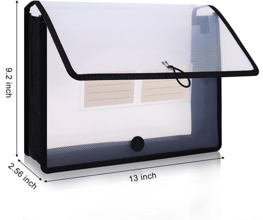 Eco-Friendly Plastic File Folders, Poly Expanding File Wallet, Expandable Envelope Organizer Document Folder with Elastic Band and Button Closure, with Small Two Pockets, 5 Pack- Black