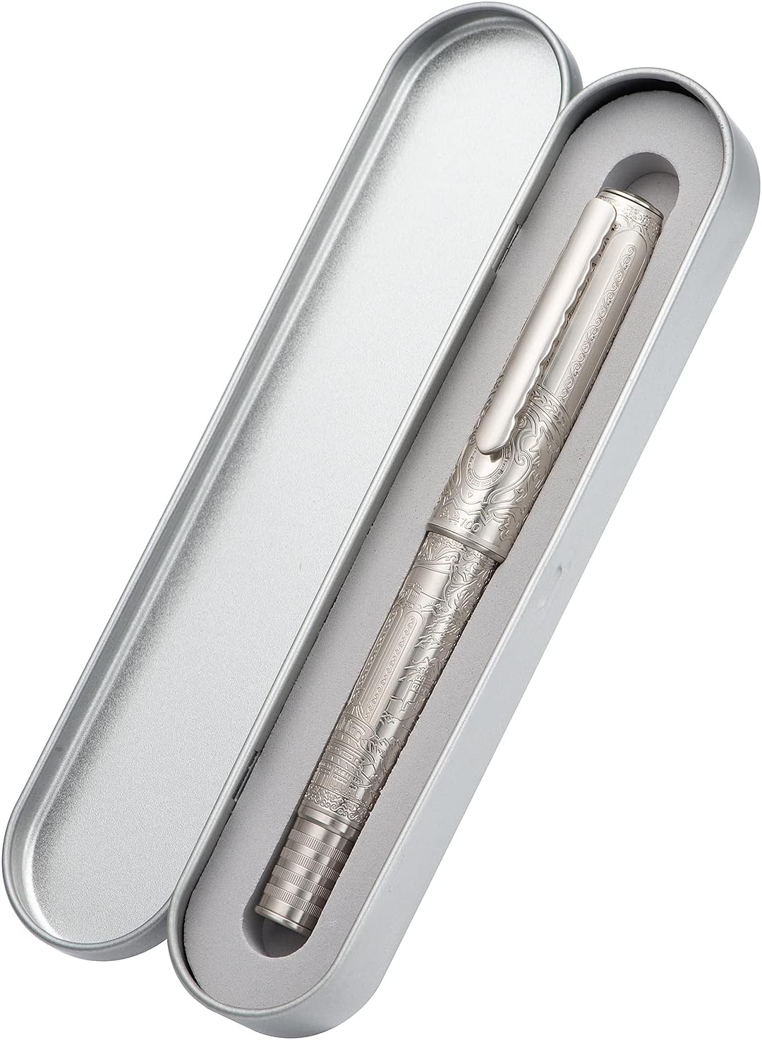 Hongdian 100 Piston Fountain Pen Silver Steel, Iridium Medium Nib Calligraphy Pen, Smooth Writing Pen with Pen Case Set