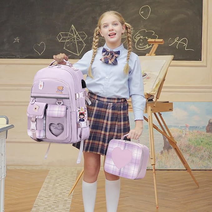 Backpack for Girls - Bookbag Backpacks Schoolbag for Girls Kids Teen Women Casual Travel Daypacks - School Bag Elementary Middle School College Cute Backpack with Lunch Box (Purple)