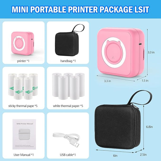 Pink Mini Pocket Printer with Black Case, Mini Thermal Printer with 10 Rolls Thermal Paper, Portable Photo Printers for Travelling, Journal, Memo, Photo, Study Notes, Shopping Lists