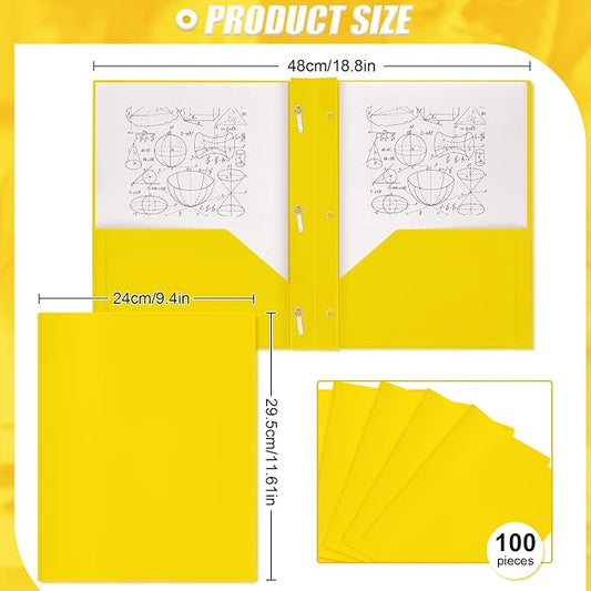 Lincia 100 Pcs Plastic Folders with 2 Pockets and Prongs for Office, School, Students, Teachers, Office Workers (Yellow)