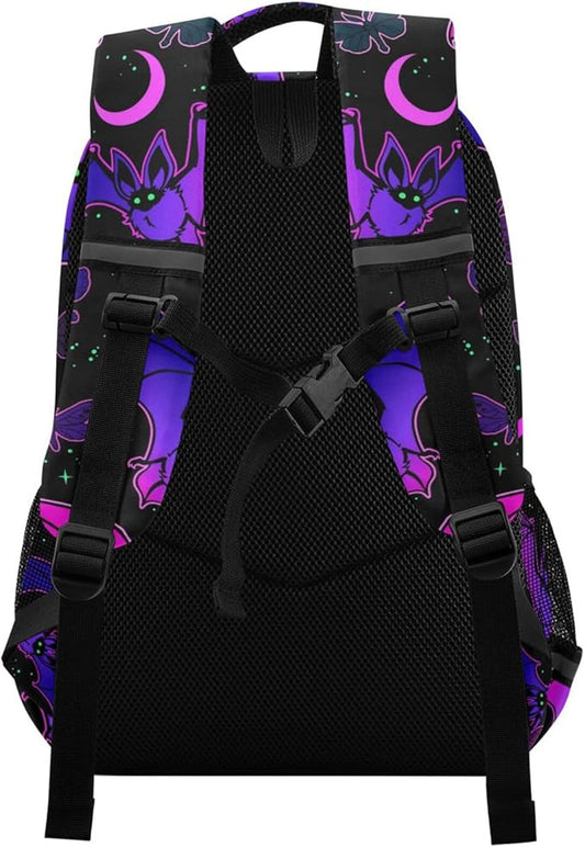 Bat Backpack for Students Boys Girls Purple Bat Gothic School Bag Travel Daypack Rucksack